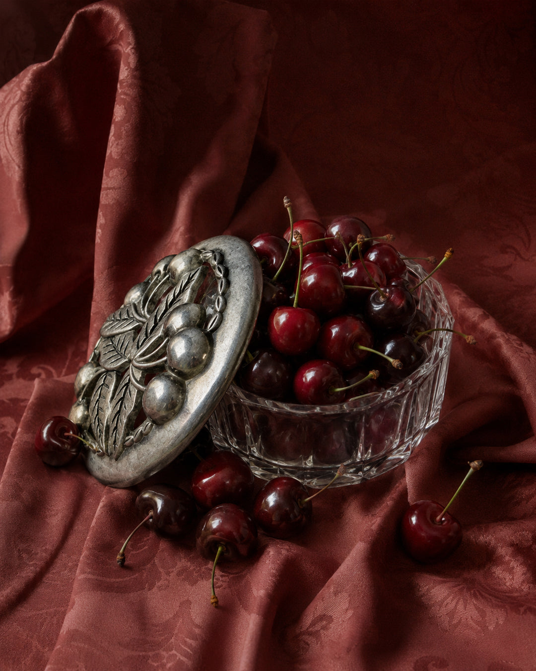 Vintage Cherry Pewter & Crystal Trinket Dish