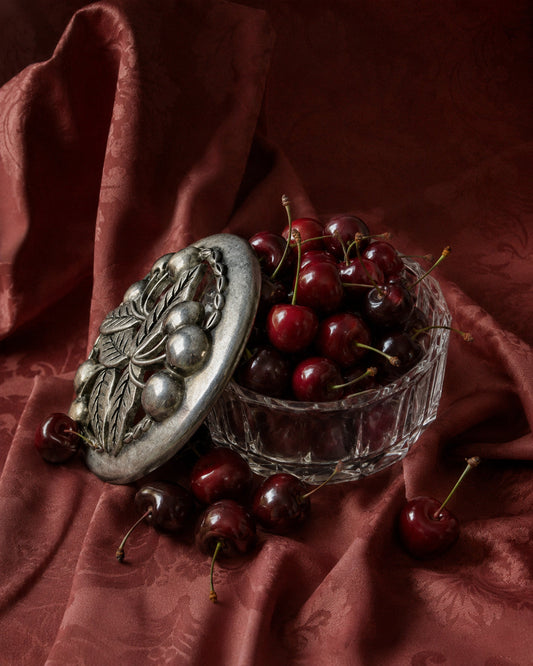 Vintage Cherry Pewter & Crystal Trinket Dish