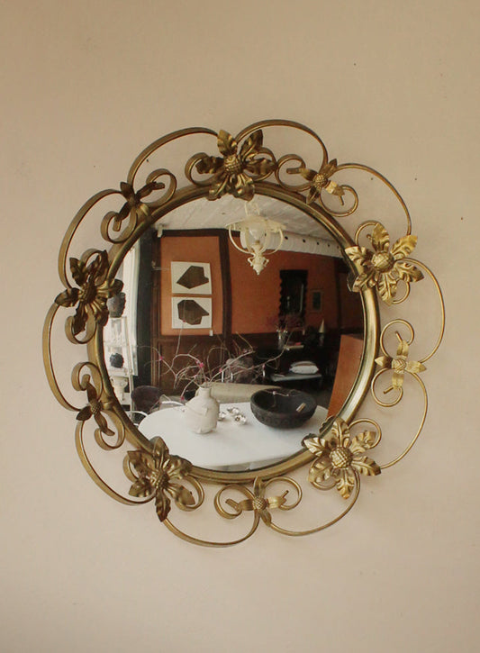 Vintage Convex Mirror With Floral Brass Frame