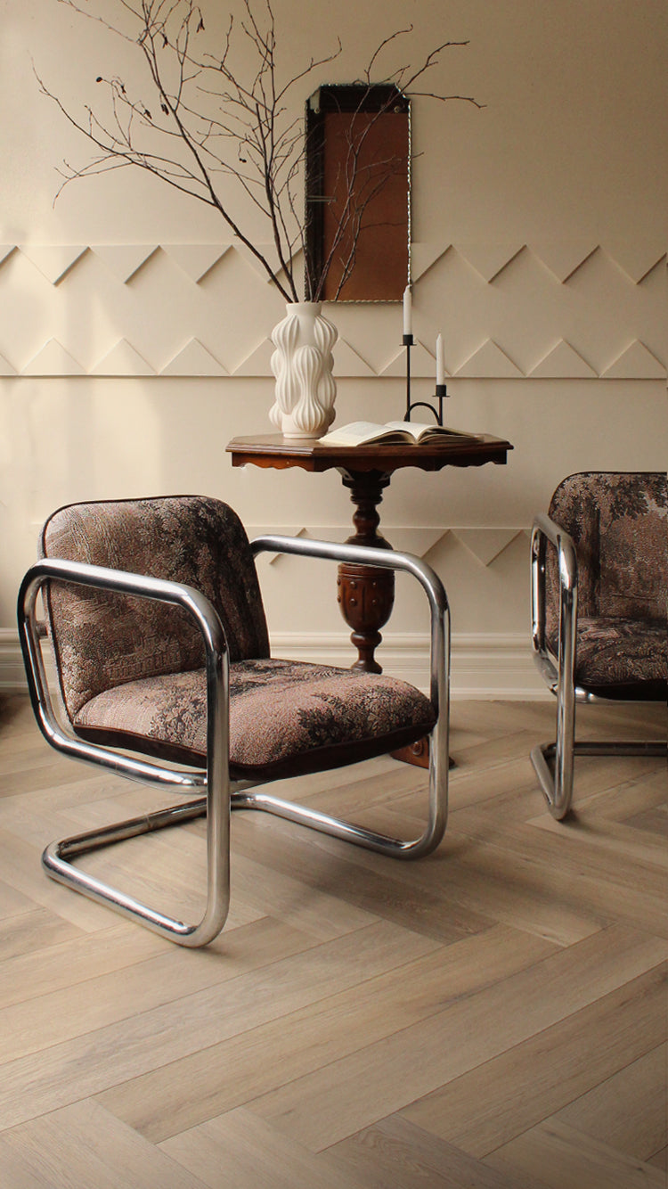 1970's Tubular Chrome Chair in Tapestry Print