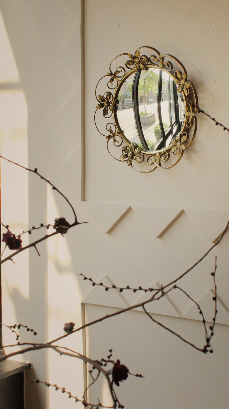 Vintage Convex Mirror With Floral Brass Frame