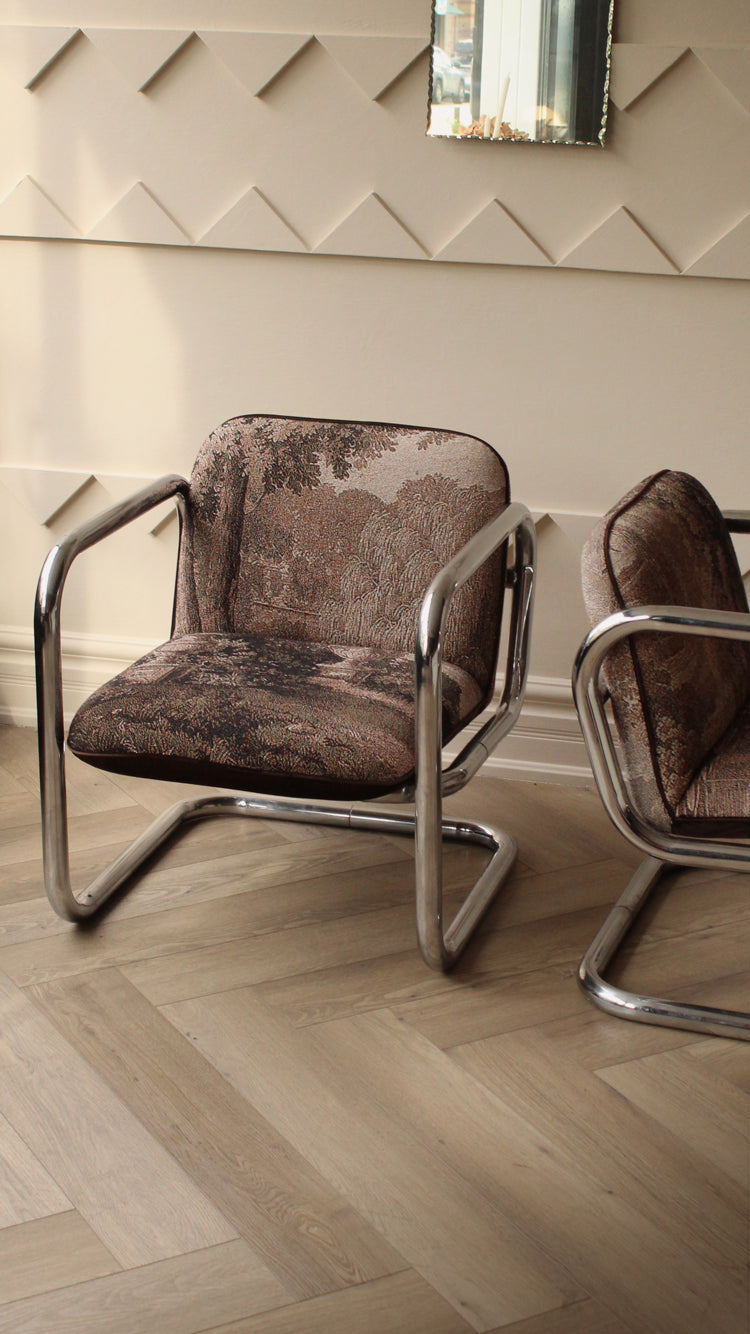 1970's Tubular Chrome Chair in Tapestry Print