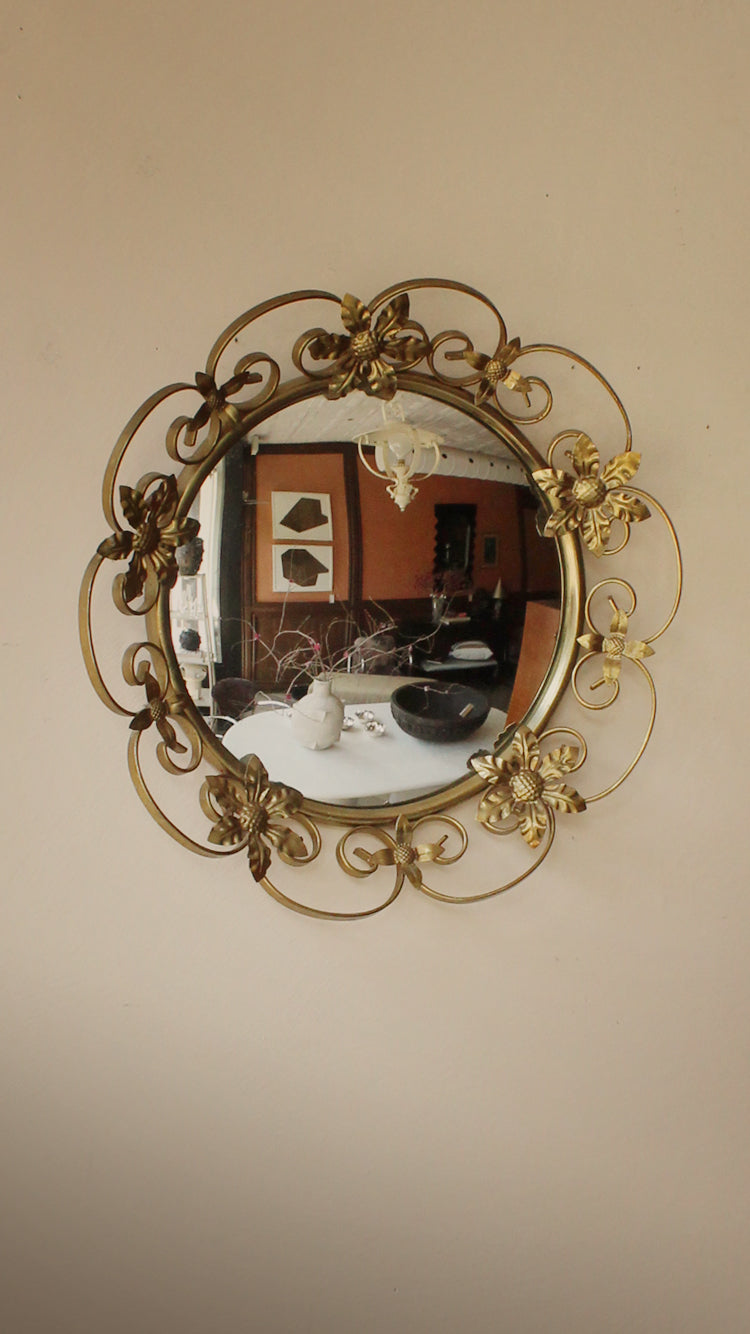 Vintage Convex Mirror With Floral Brass Frame