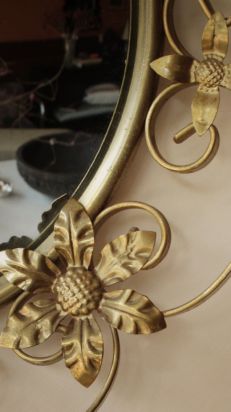 Vintage Convex Mirror With Floral Brass Frame