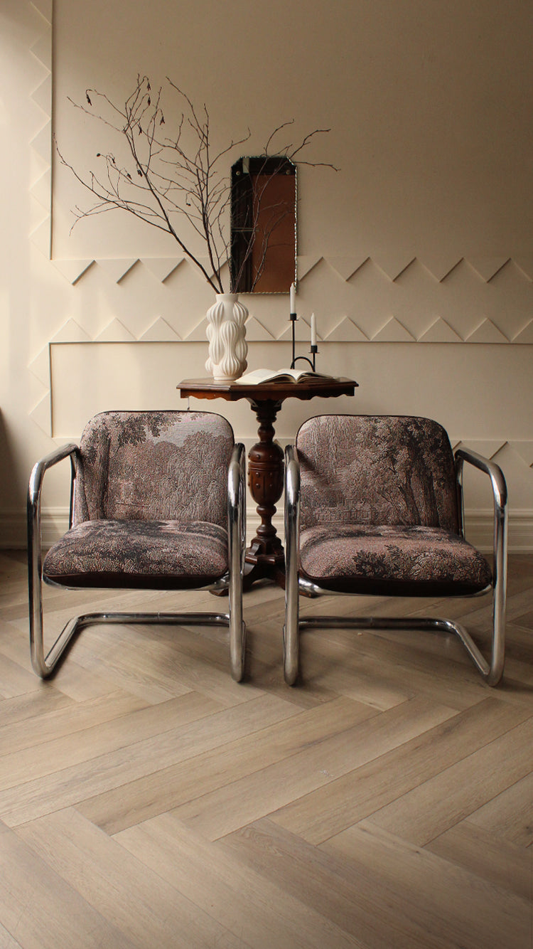 1970's Tubular Chrome Chair in Tapestry Print