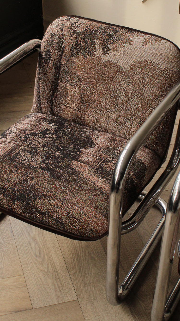 1970's Tubular Chrome Chair in Tapestry Print