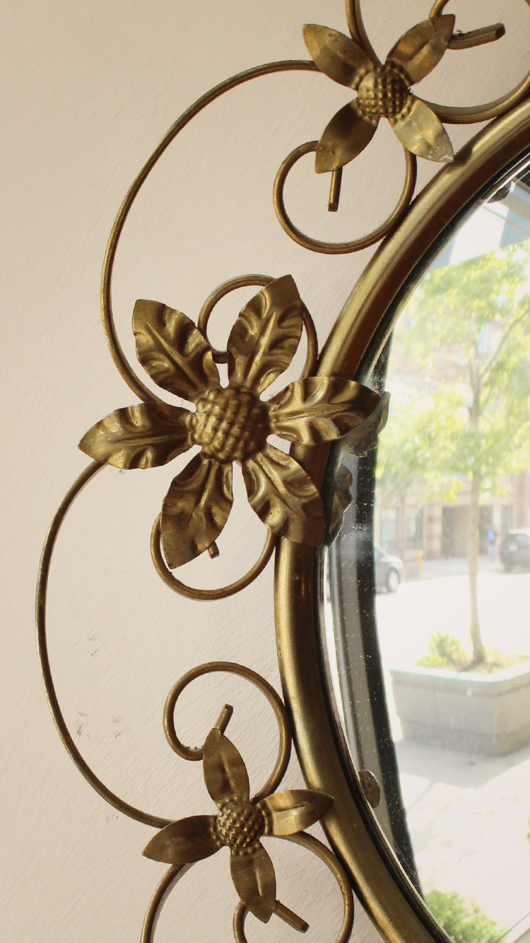 Vintage Convex Mirror With Floral Brass Frame