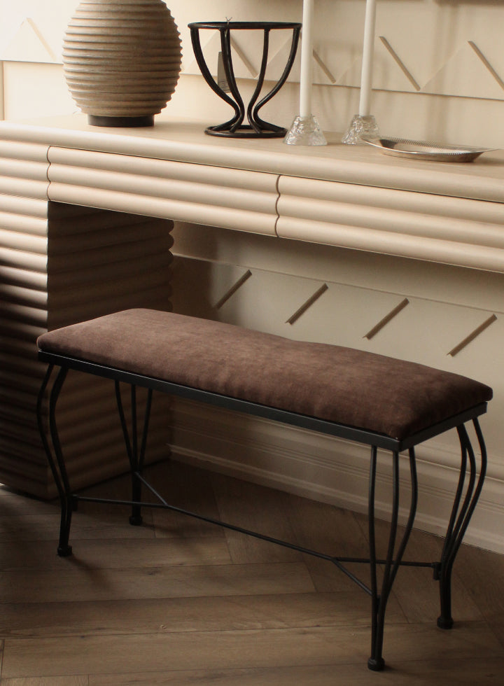 Vintage Brown Velvet Metal Bench