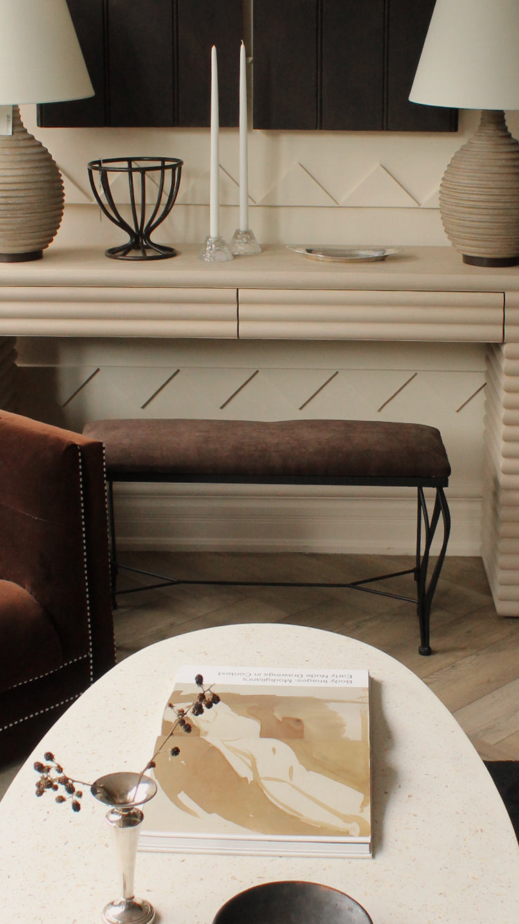 Vintage Brown Velvet Metal Bench
