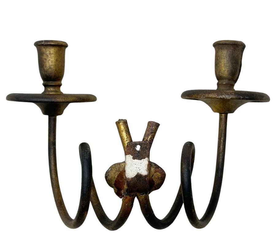 Vintage Spiral Metal & Wood Candle Sconce
