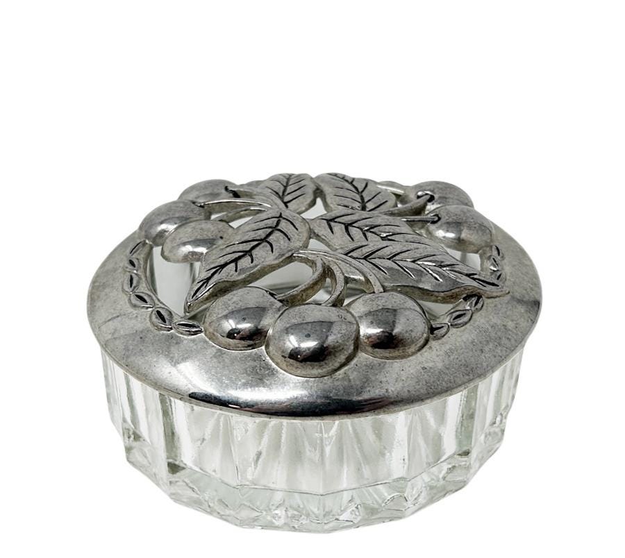 Vintage Cherry Pewter & Crystal Trinket Dish