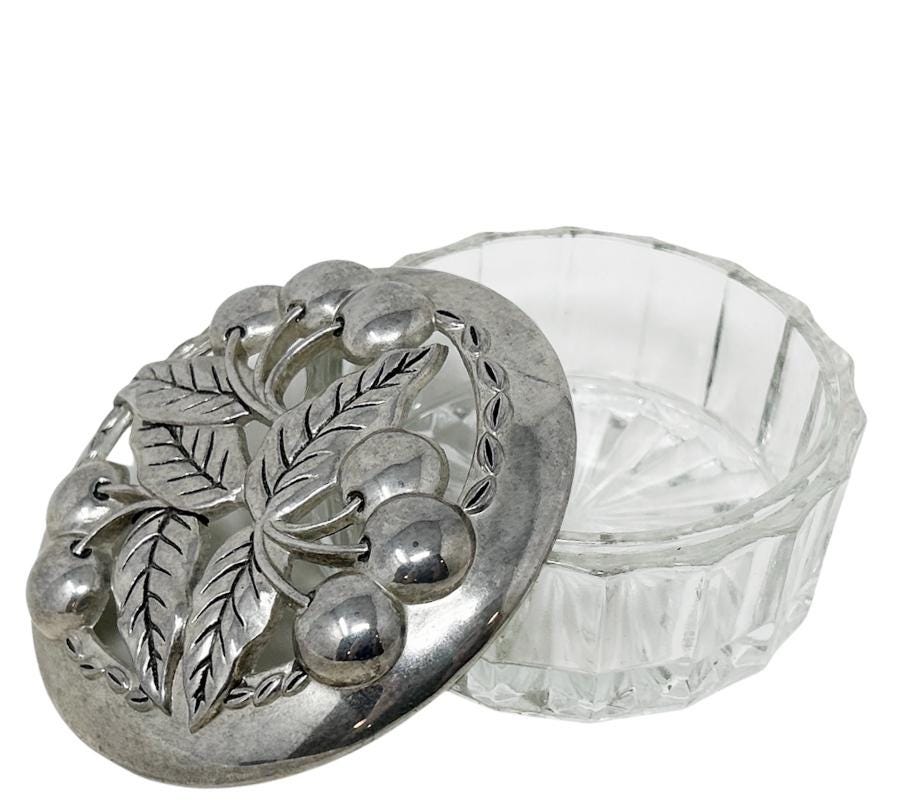 Vintage Cherry Pewter & Crystal Trinket Dish