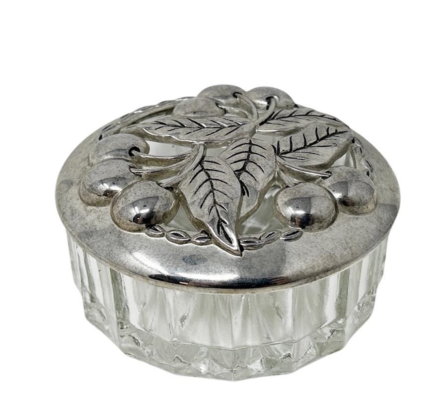 Vintage Cherry Pewter & Crystal Trinket Dish