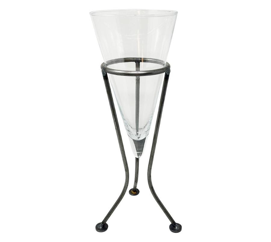 Vintage Conical Glass Vase on Metal Base