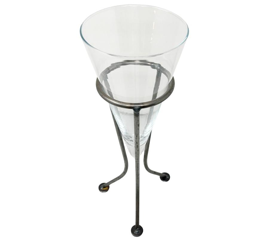 Vintage Conical Glass Vase on Metal Base