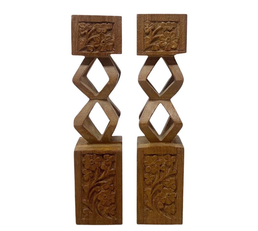 Pair of Folk Art Carved Wooden Candle Holders