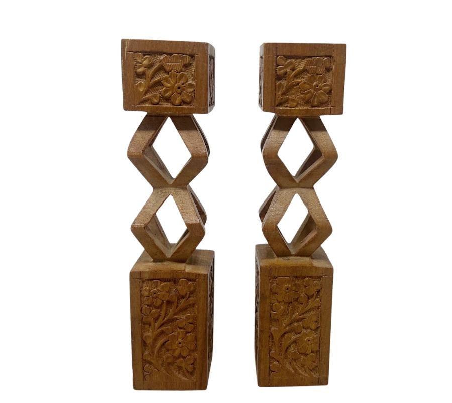 Pair of Folk Art Carved Wooden Candle Holders