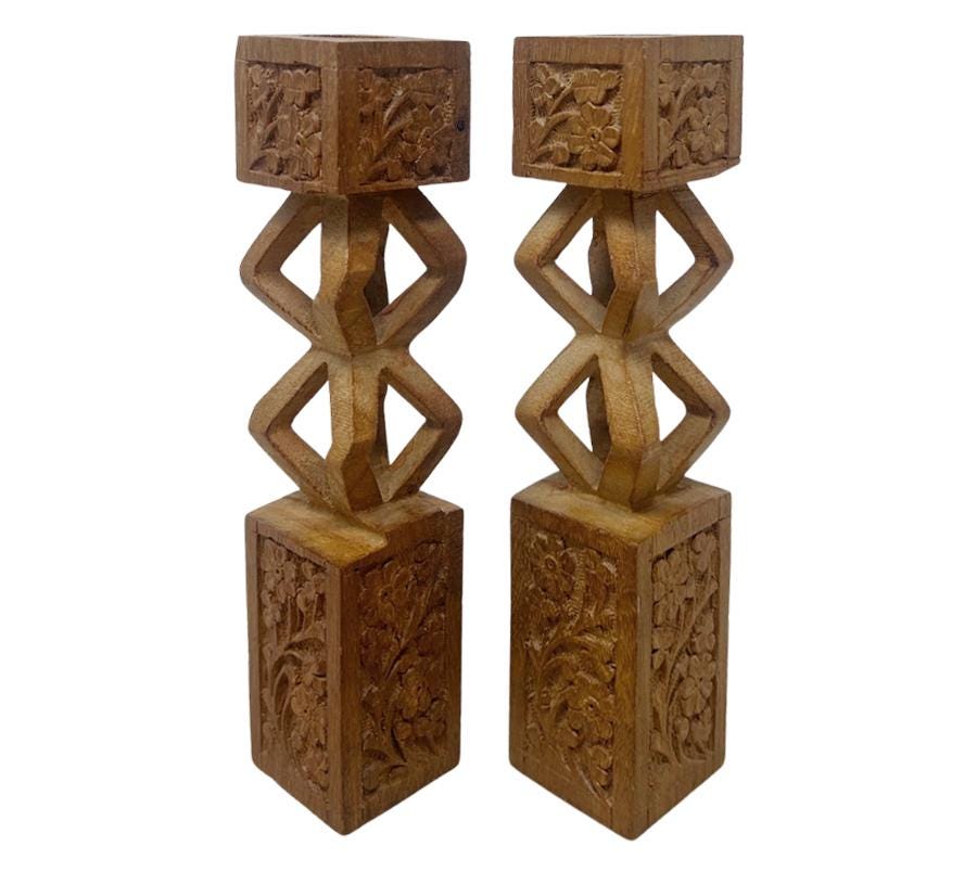 Pair of Folk Art Carved Wooden Candle Holders