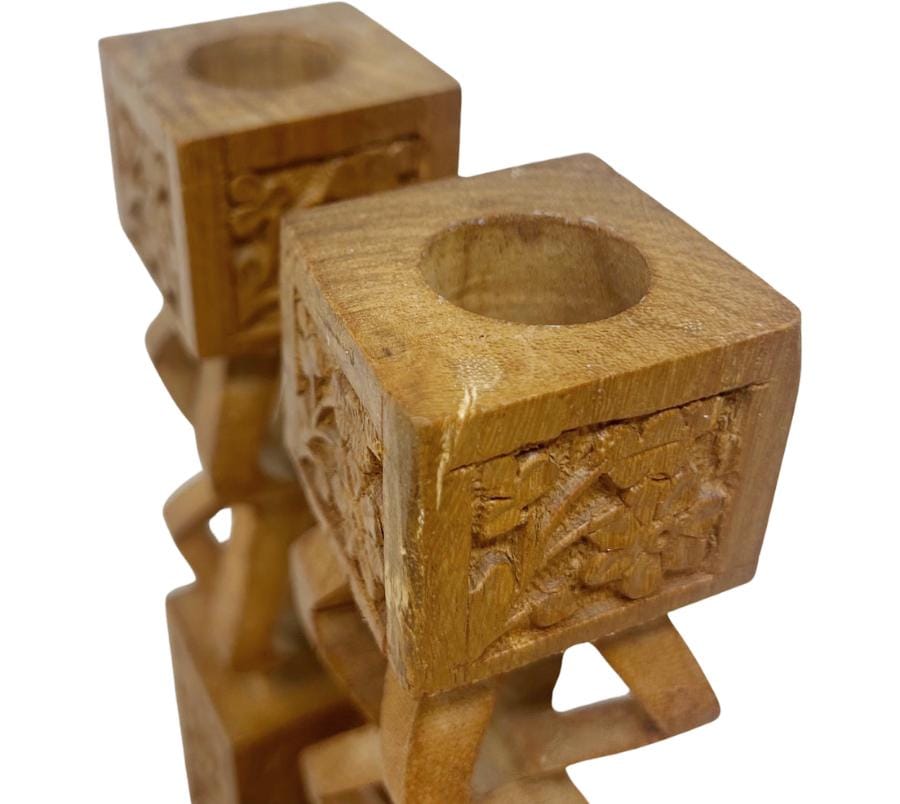 Pair of Folk Art Carved Wooden Candle Holders