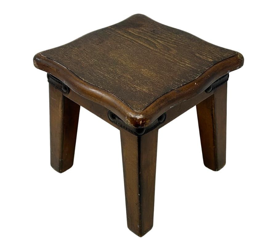 Vintage Distressed Stool With Leather Trim