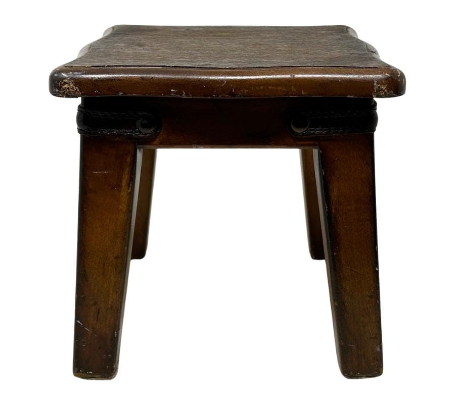 Vintage Distressed Stool With Leather Trim