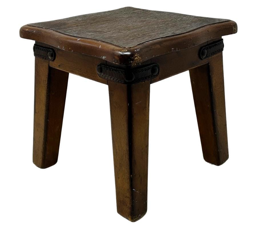 Vintage Distressed Stool With Leather Trim